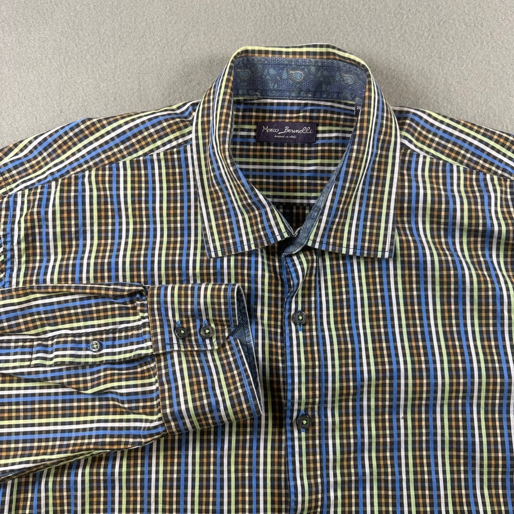 Marco Brunelli Men 2XL Striped Button Down Shirt Cotton Paisley Trim Multi Color